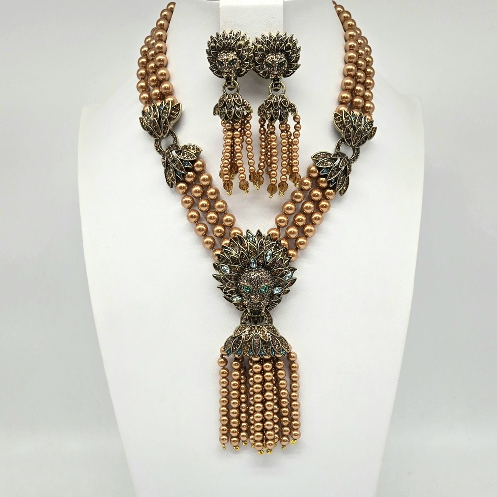 Heidi Daus Lion Head Long Tassel Jewelry Set w Swarovski Crystals + Glass Pearls